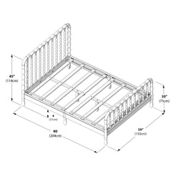 Wooden spindle platform bed frame with slatted support and turned posts, dimensions 80″ (204 cm) L × 59″ (150 cm) W, headboard 45″ (114 cm) H and footboard 30″ (75 cm) H