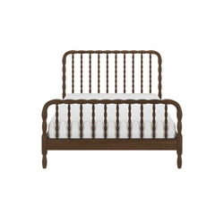 Dark walnut solid wood spindle bed frame with curved headboard and footboard and white mattress, farmhouse-style bedroom furniture