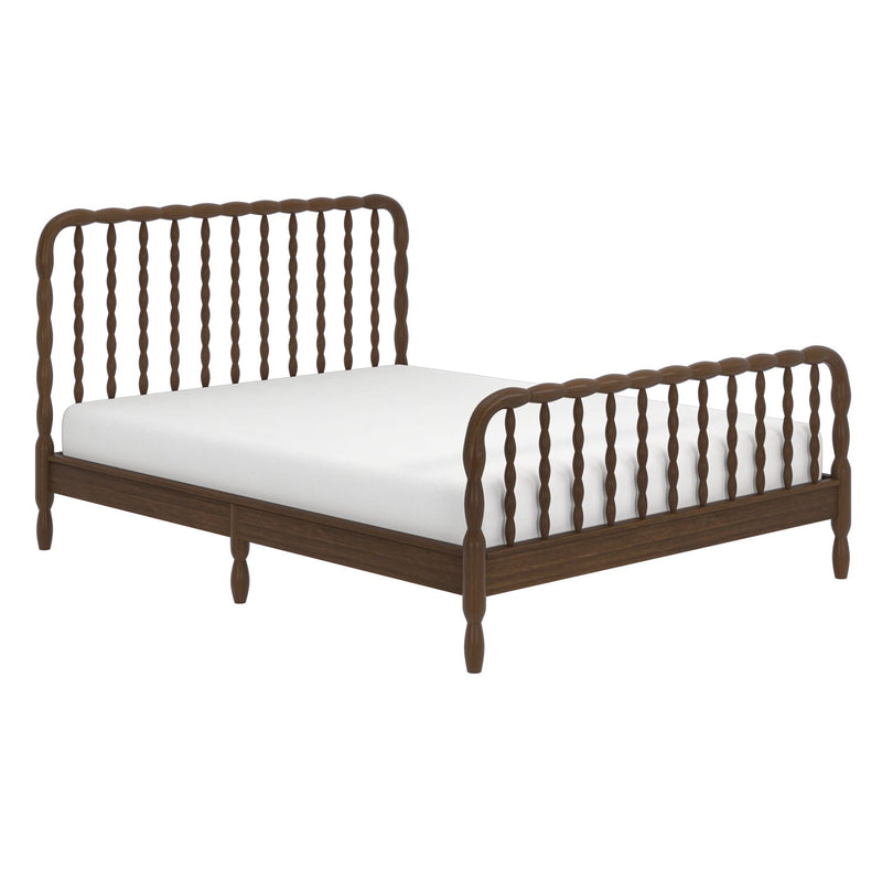 Walnut wooden spindle bed frame with white mattress — farmhouse-style platform bed with turned legs, headboard and footboard