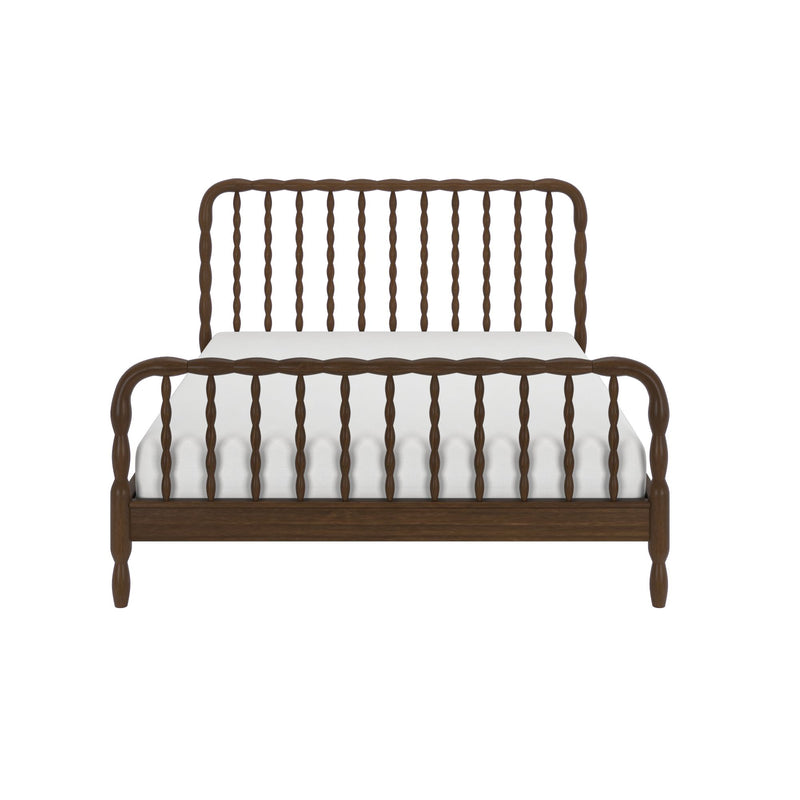 Walnut spindle bed frame with curved headboard and footboard and white mattress — classic farmhouse wood platform bed