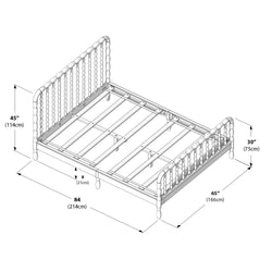 Wooden spindle bed frame dimensions diagram: isometric line drawing showing slatted platform, headboard 45" (114 cm) and footboard 30" (75 cm), overall 84" (214 cm) L x 65" (166 cm) W, 8" (21 cm) floor clearance and center support legs
