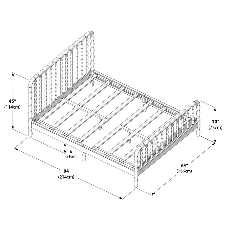 Wooden spindle bed frame dimensions diagram: isometric line drawing showing slatted platform, headboard 45" (114 cm) and footboard 30" (75 cm), overall 84" (214 cm) L x 65" (166 cm) W, 8" (21 cm) floor clearance and center support legs