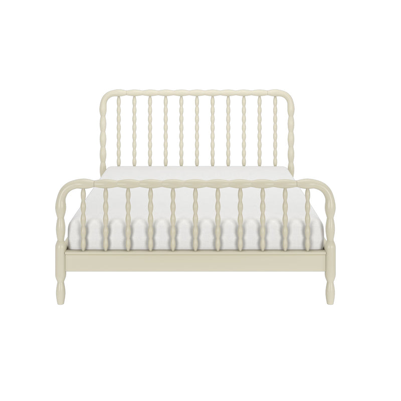 Front-facing cream-painted wooden spindle bed frame with turned spindles and white mattress, classic farmhouse-style bedroom furniture product image