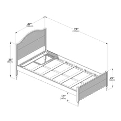 Single wooden bed frame with curved panel headboard, scalloped footboard, slatted platform and turned legs — dimensions 78" L x 42" W (199 x 106 cm), headboard 38" H (96 cm), footboard 20" H (52 cm), 10" (26 cm) under-bed clearance