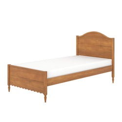 Twin wooden bed frame with arched headboard, scalloped footboard and turned legs in warm oak finish with white mattress, solid wood single/twin bed for bedroom
