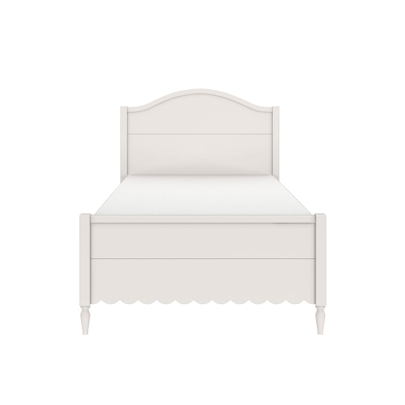 White wooden twin bed frame with arched headboard, scalloped footboard and turned legs — farmhouse-style single bed for nursery or guest room