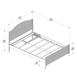 Isometric assembly diagram of a wooden bed frame with headboard, footboard and slats showing dimensions: 78" (199 cm) L x 57" (145 cm) W; headboard 38" (96 cm); footboard 20" (52 cm); 10" (26 cm) clearance.