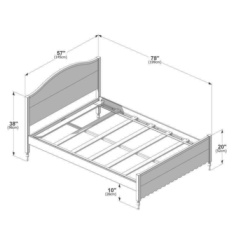 Isometric assembly diagram of a wooden bed frame with headboard, footboard and slats showing dimensions: 78" (199 cm) L x 57" (145 cm) W; headboard 38" (96 cm); footboard 20" (52 cm); 10" (26 cm) clearance.