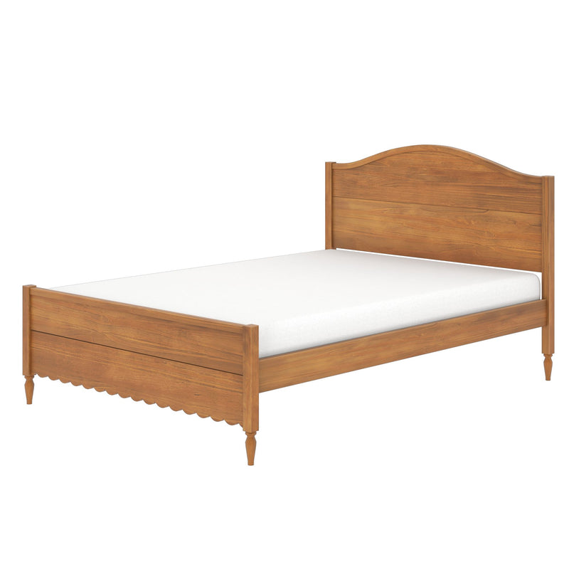 Natural oak solid wood bed frame with arched headboard, scalloped footboard and turned legs holding a white mattress — classic bedroom furniture platform bed