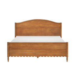Solid wood platform bed frame with arched headboard and scalloped footboard in warm natural wood finish, classic farmhouse bedroom furniture