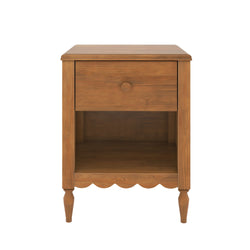 Natural oak finish wooden nightstand with single drawer and open shelf, turned legs and scalloped apron – rustic farmhouse bedside table