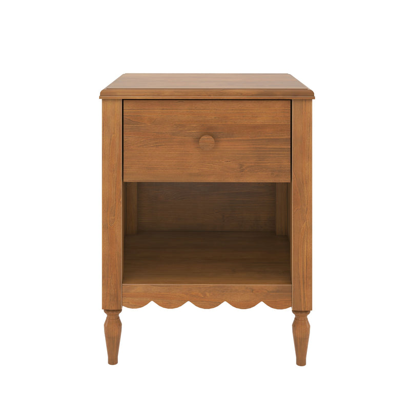 Natural oak finish wooden nightstand with single drawer and open shelf, turned legs and scalloped apron – rustic farmhouse bedside table