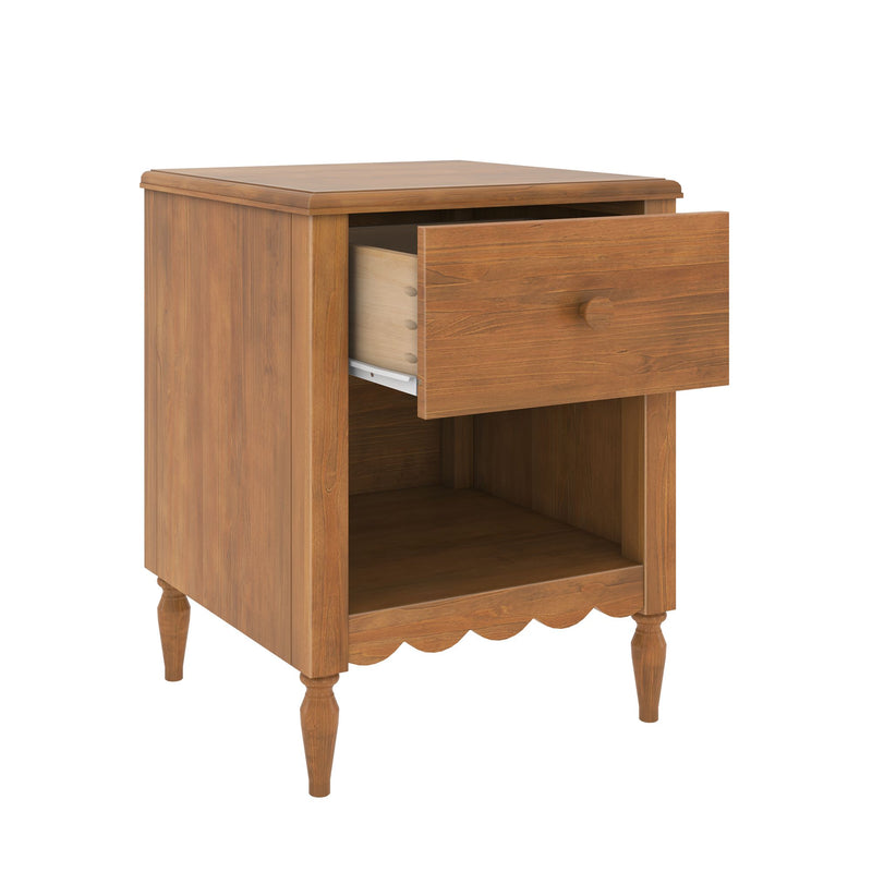 Walnut-finish wooden nightstand with single dovetailed drawer, open shelf and turned legs, classic bedside table