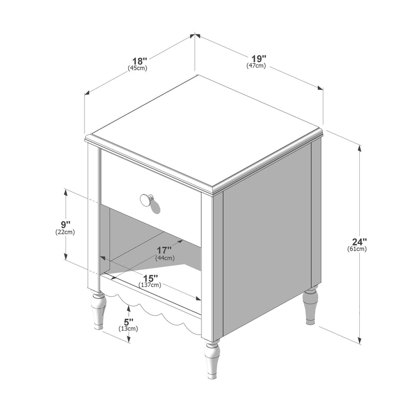 Nightstand bedside table with one drawer and open shelf, turned legs and scalloped apron; product dimensions 19 in W x 18 in D x 24 in H (47 x 45 x 61 cm) labeled assembly diagram