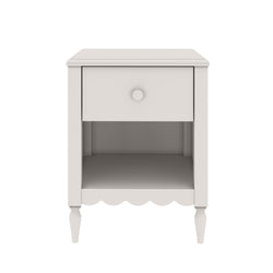 White wooden bedside table nightstand with one drawer and open shelf, scalloped apron and turned legs, farmhouse bedroom furniture