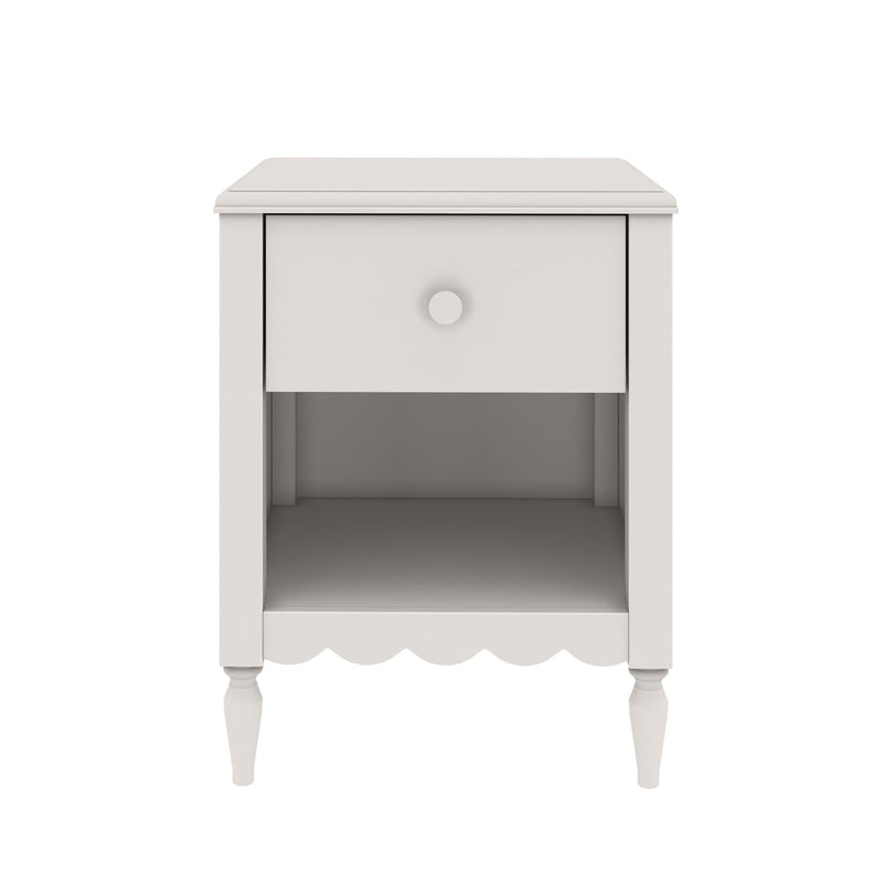 White wooden bedside table nightstand with one drawer and open shelf, scalloped apron and turned legs, farmhouse bedroom furniture