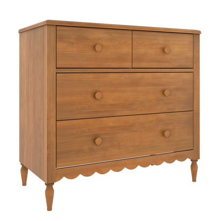 Natural oak four-drawer wooden dresser with two top drawers, scalloped apron and turned legs, rustic farmhouse bedroom storage