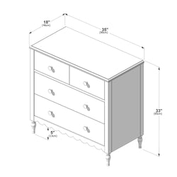 Product diagram of a farmhouse-style wooden dresser (chest of drawers) with turned legs and scalloped apron, two small top drawers and two full-width lower drawers, overall dimensions 35" W x 18" D x 33" H (90 x 46 x 85 cm) with 5" (13 cm) bottom clearance.