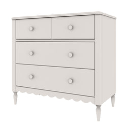 White painted wooden 4-drawer dresser with two small top drawers, scalloped apron and turned legs, farmhouse nursery chest of drawers