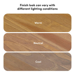 Three wood flooring samples labeled "Warm," "Neutral," and "Cool" illustrating how wood finish color shifts under different lighting conditions, perfect for flooring color comparison and wood finish selection.