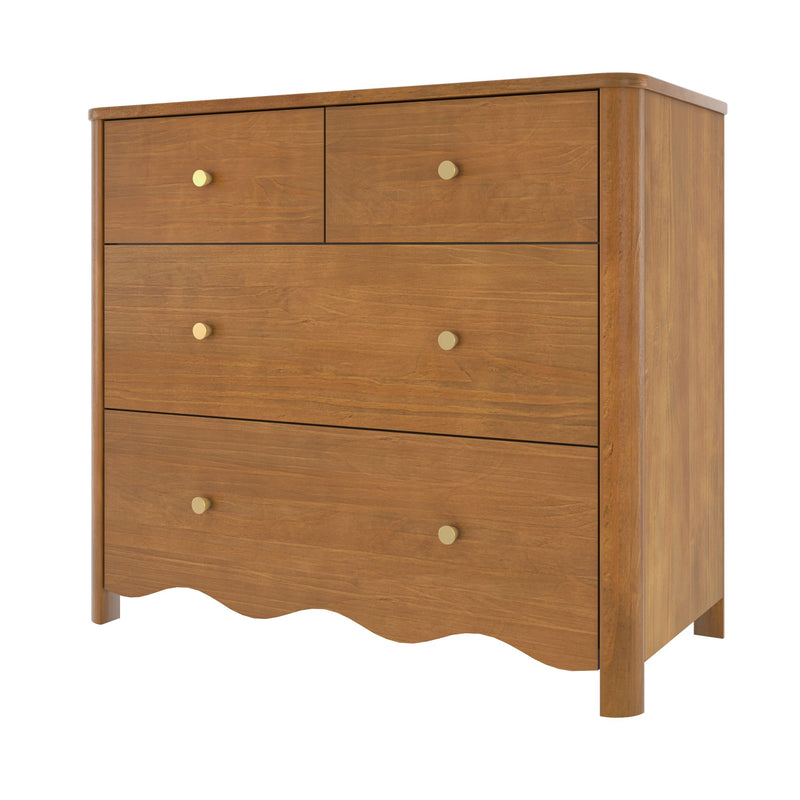 Five-drawer walnut dresser with round brass knobs, scalloped skirt and tapered legs, mid-century style bedroom storage