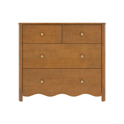 Mid-century modern five-drawer wooden dresser with warm brown finish, round brass knobs and scalloped apron
