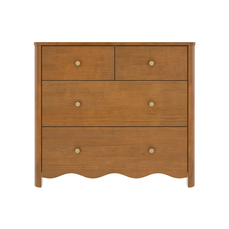 Mid-century modern five-drawer wooden dresser with warm brown finish, round brass knobs and scalloped apron