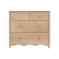 Natural maple three-drawer dresser with brass knobs and scalloped base, modern farmhouse bedroom storage chest