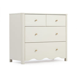Cream-white wooden dresser with brass knob pulls, scalloped base and multiple drawers for bedroom storage