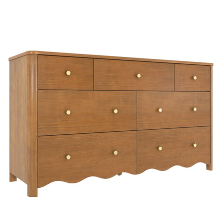 Mid-century style walnut wood dresser chest of drawers with brass round knobs and scalloped base for bedroom storage