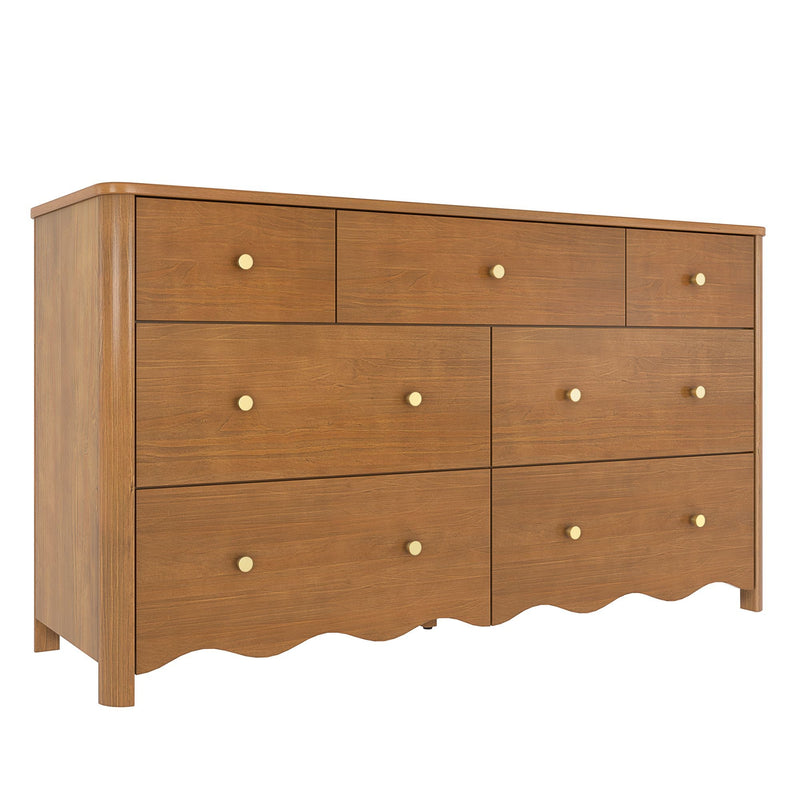 Mid-century style walnut wood dresser chest of drawers with brass round knobs and scalloped base for bedroom storage