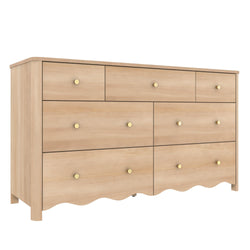 Modern light oak dresser with multiple drawers, gold round knobs and scalloped skirt — solid wood bedroom storage chest