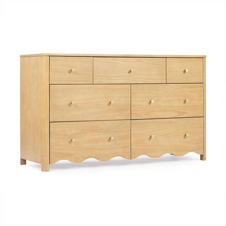 Light natural wood 6-drawer dresser with round knobs and scalloped base, modern farmhouse bedroom storage chest