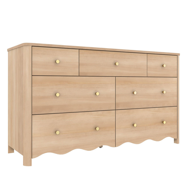 Modern light oak dresser with multiple drawers, gold round knobs and scalloped skirt — solid wood bedroom storage chest