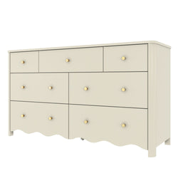 Cream wooden dresser with round gold knobs, scalloped base and multiple drawers — modern farmhouse bedroom storage chest