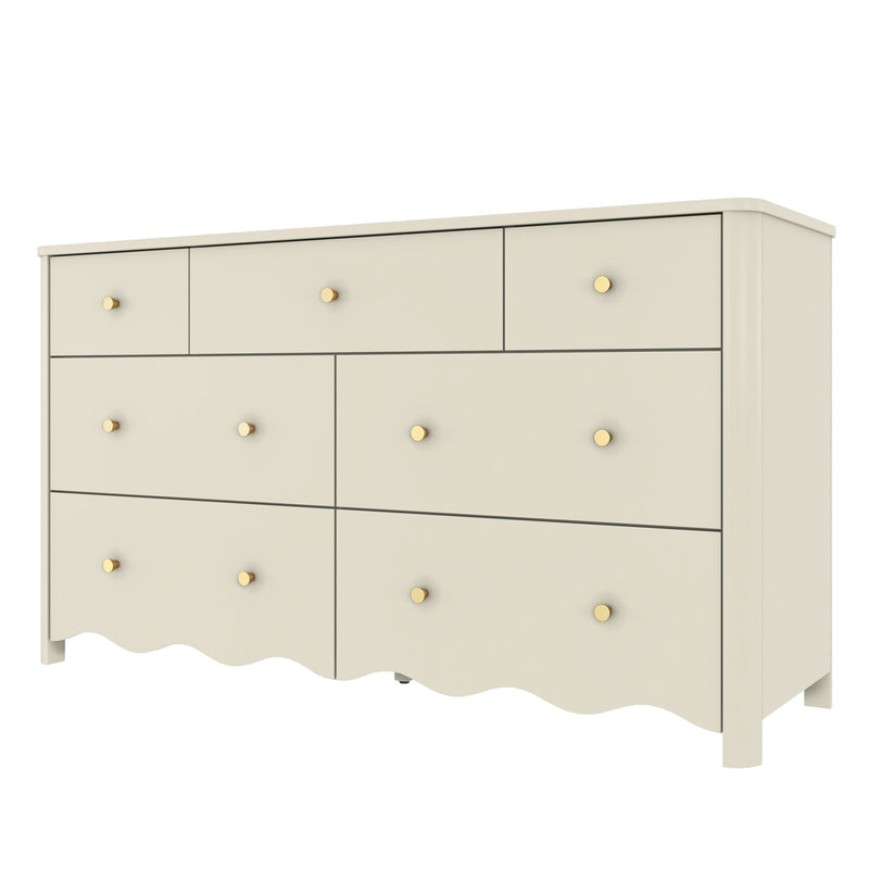 Cream wooden dresser with round gold knobs, scalloped base and multiple drawers — modern farmhouse bedroom storage chest