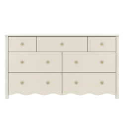 Cream six-drawer painted dresser with round brass knobs and scalloped base, bedroom storage chest