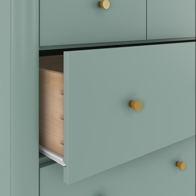 Teal dresser with gold round knobs and partially open drawers revealing wooden dovetail joints, modern bedroom storage cabinet