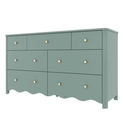 Sage green wooden dresser with matte finish, rounded corners and gold brass knobs — modern multi-drawer bedroom chest for storage