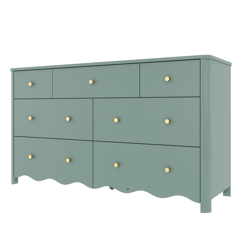 Sage green wooden dresser with matte finish, rounded corners and gold brass knobs — modern multi-drawer bedroom chest for storage
