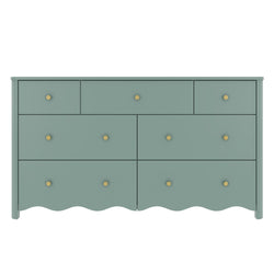 Teal wooden six-drawer dresser with brass knobs and scalloped skirt, painted bedroom storage chest in modern vintage style