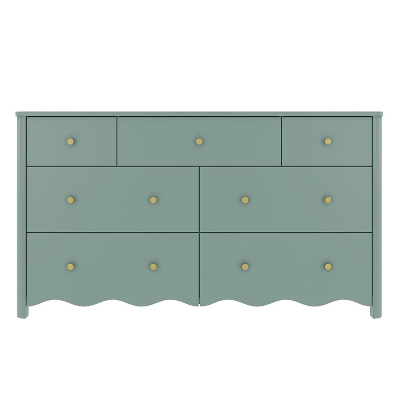 Teal wooden six-drawer dresser with brass knobs and scalloped skirt, painted bedroom storage chest in modern vintage style