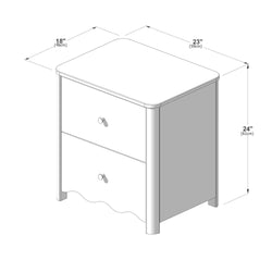 Three-drawer bedside nightstand assembly diagram with rounded top and knob handles, 23" W x 18" D x 24" H (59 x 46 x 61 cm)