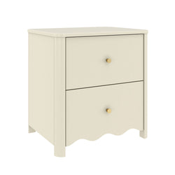 Cream two-drawer wooden bedside nightstand with round brass knobs and scalloped skirt – modern farmhouse bedroom storage