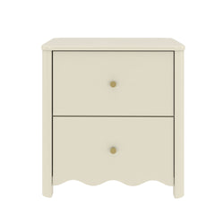 Cream wooden two-drawer nightstand with brass knobs and scalloped apron, modern farmhouse bedside table
