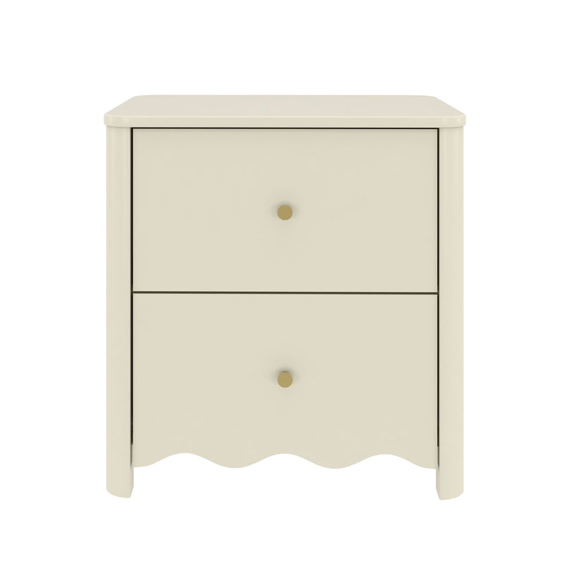 Cream wooden two-drawer nightstand with brass knobs and scalloped apron, modern farmhouse bedside table