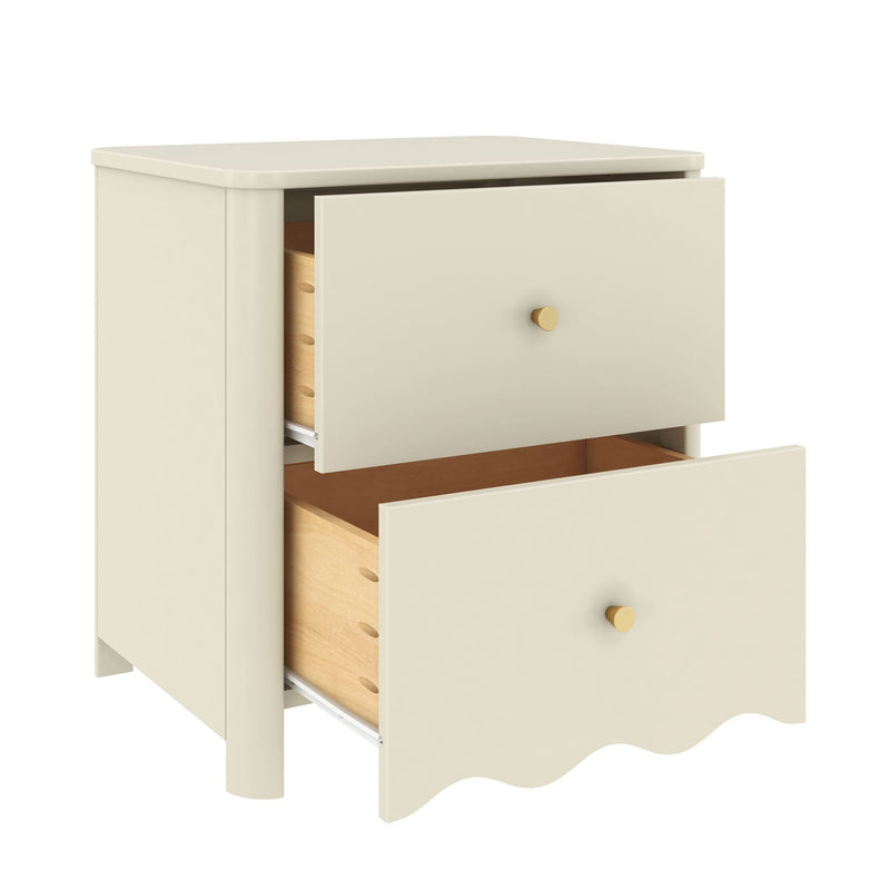 Cream nightstand with two open drawers, gold knob hardware and exposed wooden drawer interiors, modern bedroom furniture