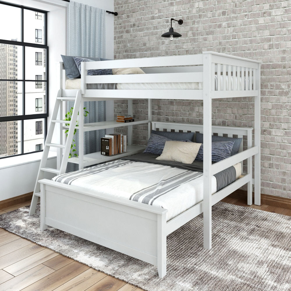 Classic Full/Full L-Shaped Bunk Bed + Bookcase Bunk Beds Plank+Beam White 