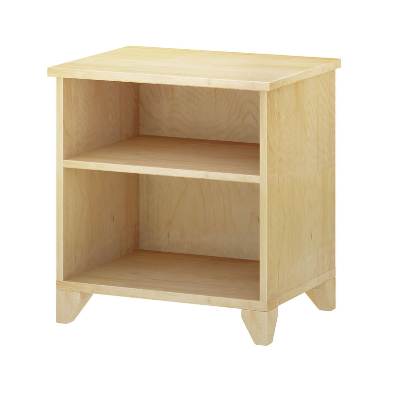 Wooden nightstand with open shelves, natural finish, minimalist design.