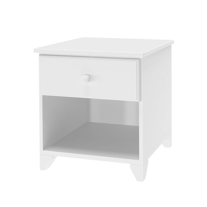 White wooden nightstand with a single drawer and open shelf.